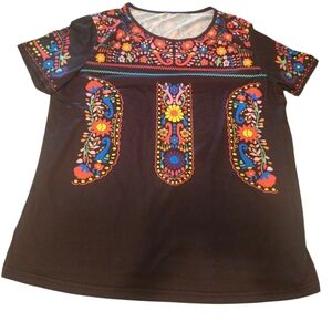 Colorful Embroidered Print Black Top